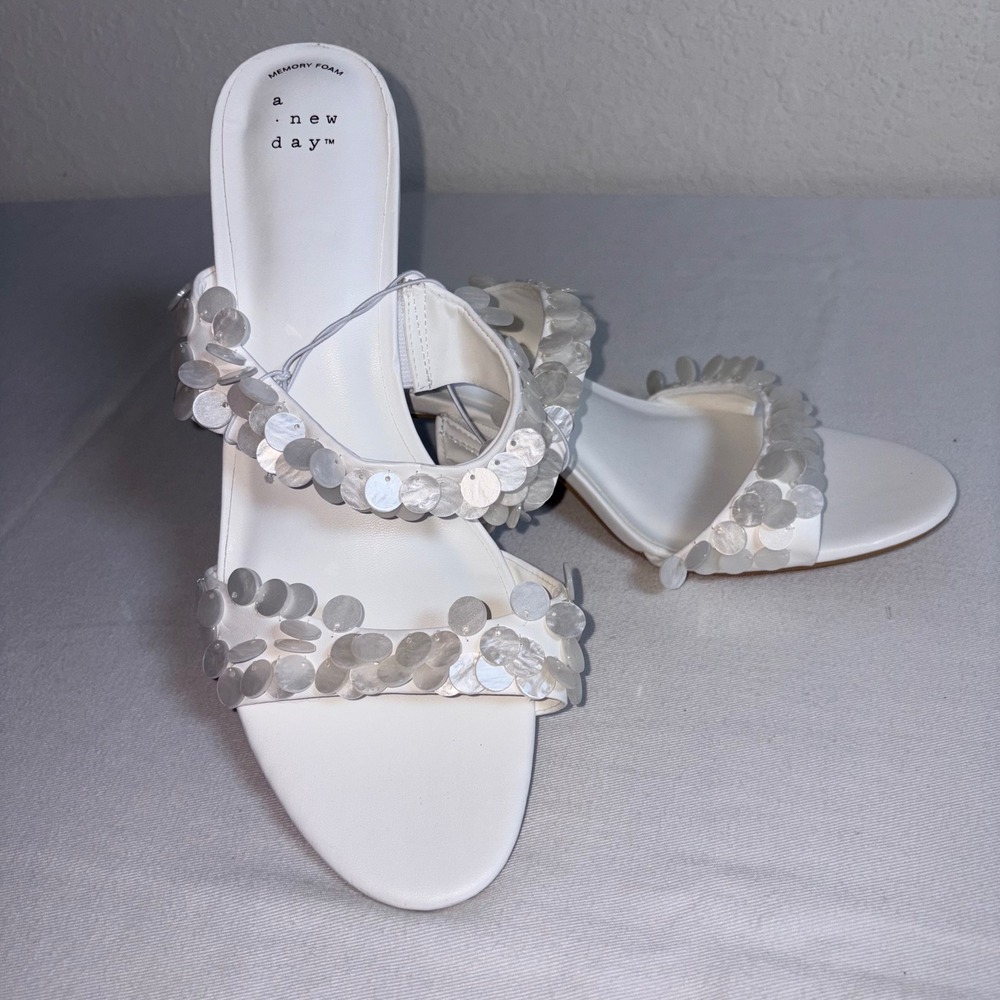A New Day Slide Sandals 11 White New Sequin Kitten Heel Open Toe Slip On